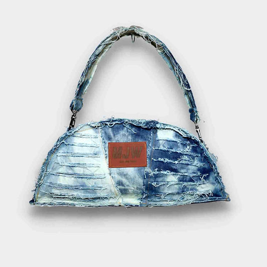 D64: NOVA CRESCENT DISTRESSED DENIM HALF MOON BAG